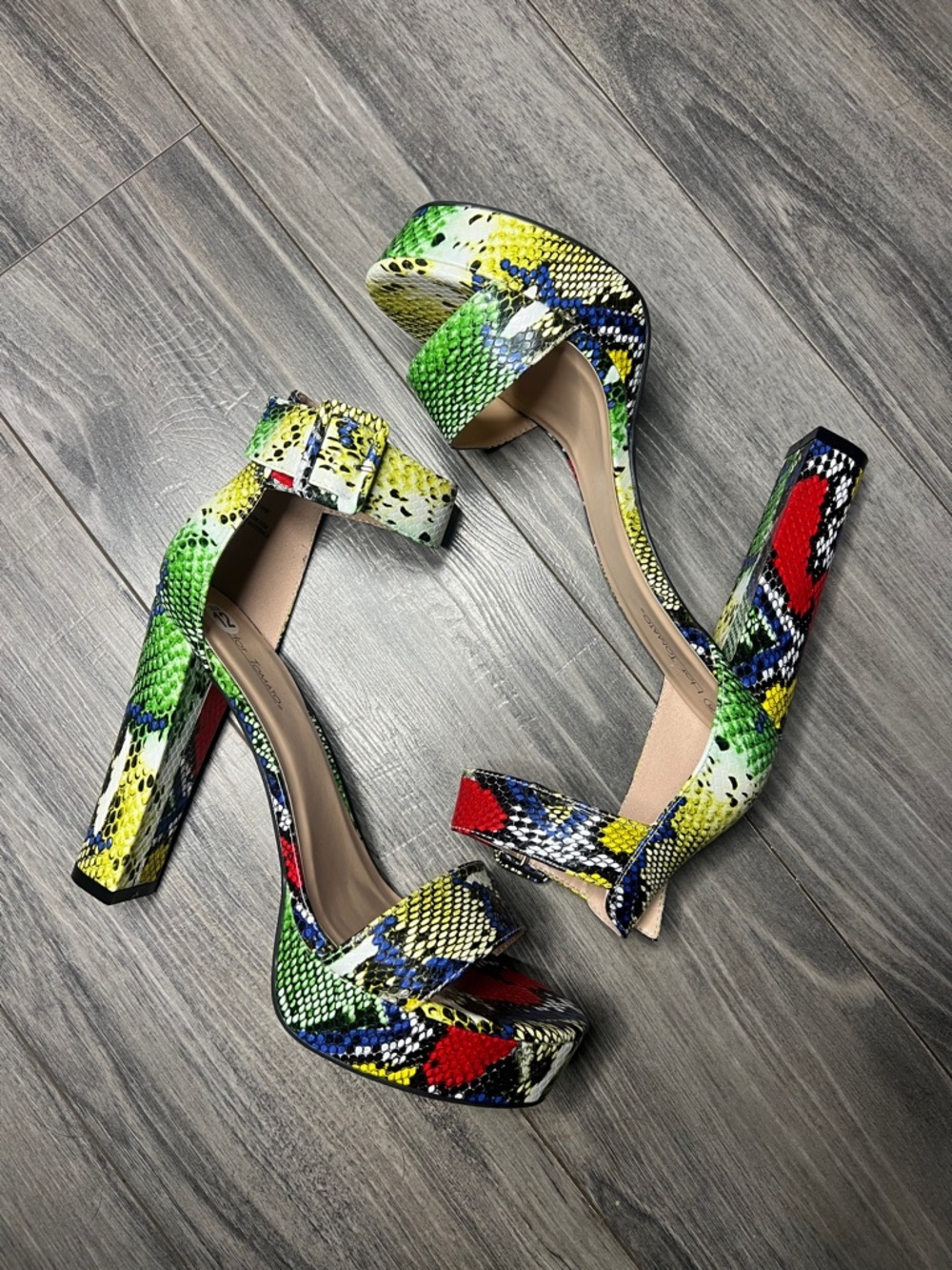 Hot Tomato Green Yellow Red Blue Snake-Print Platform Block Heels